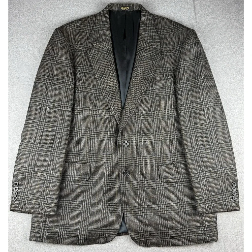 Oscar de la Renta Mens 44R 100% Wool Glen Plaid Sport Coat Blazer Gray Brown